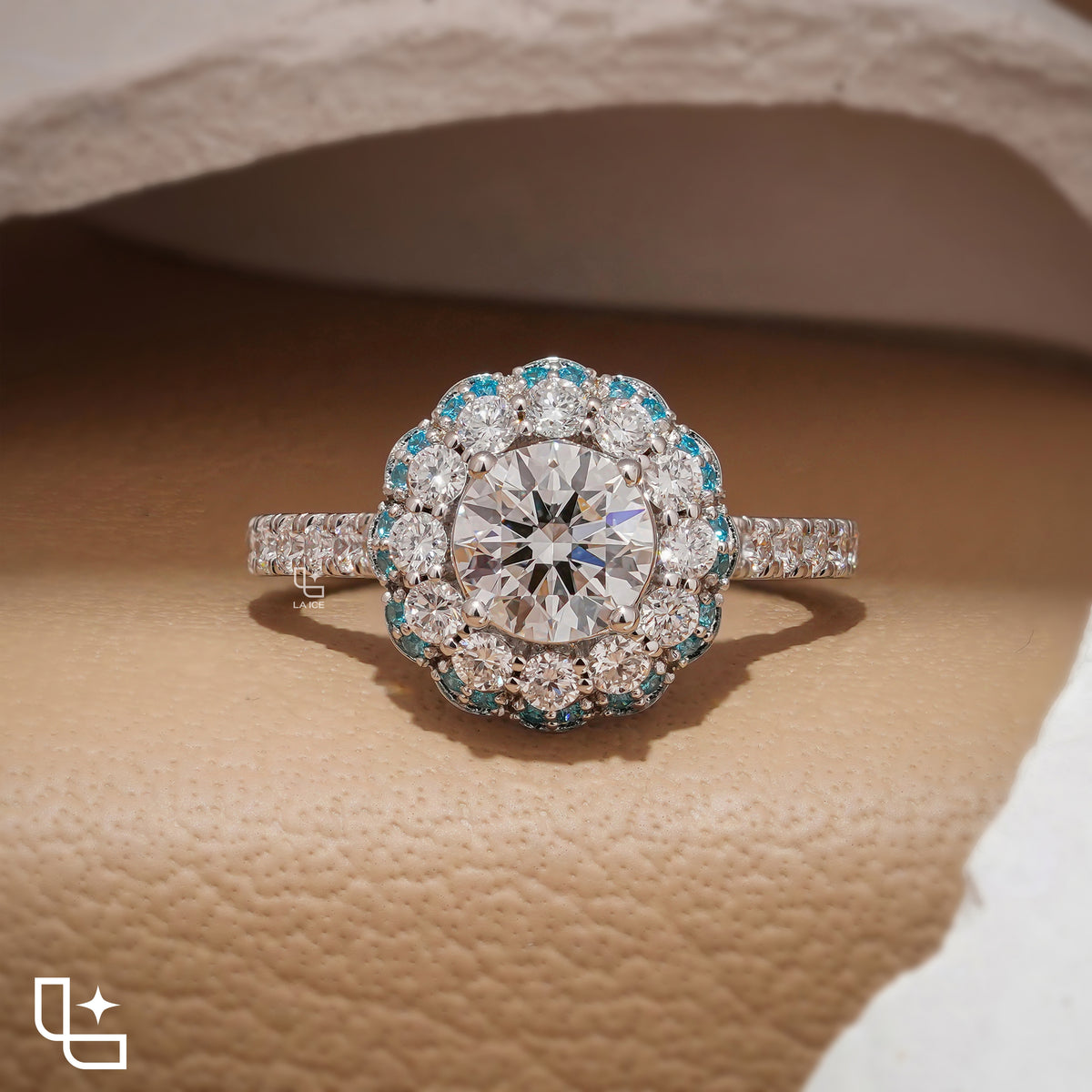 Round Halo Ring with Blue Accent Stones and Pavé Band – 2.20 CT Diamond Weight Main image