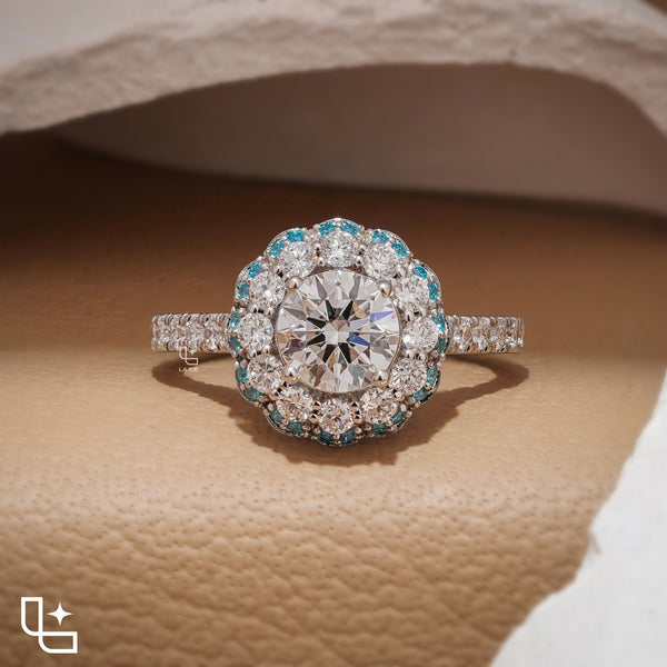 Round Halo Ring with Blue Accent Stones and Pavé Band – 2.20 CT Diamond Weight