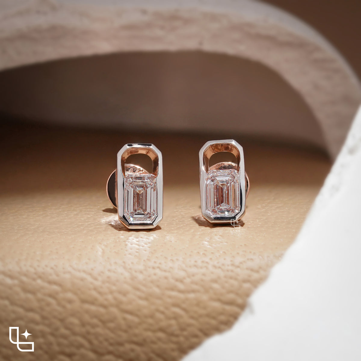 Emerald Cut Stud Earrings with Geometric Octagonal Frames, 1 CT Total Diamond Weight
