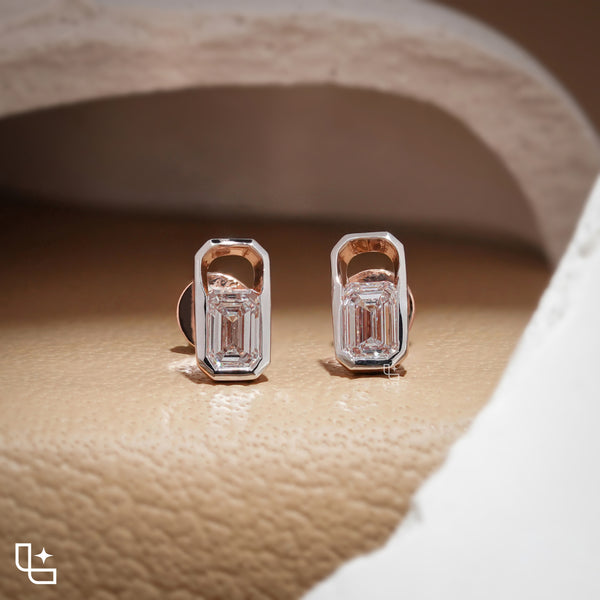 Emerald Cut Stud Earrings with Geometric Octagonal Frames, 1 CT Total Diamond Weight
