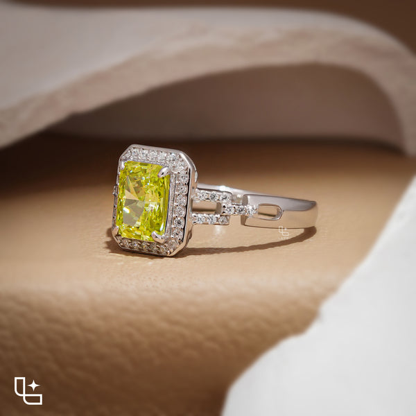 Radiant Cut Yellow Diamond Halo Ring – Fancy Yellow Diamond Engagement Ring in White Gold | Split Shank Statement Ring for Women