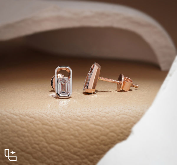 Emerald Cut Stud Earrings with Geometric Octagonal Frames, 1 CT Total Diamond Weight