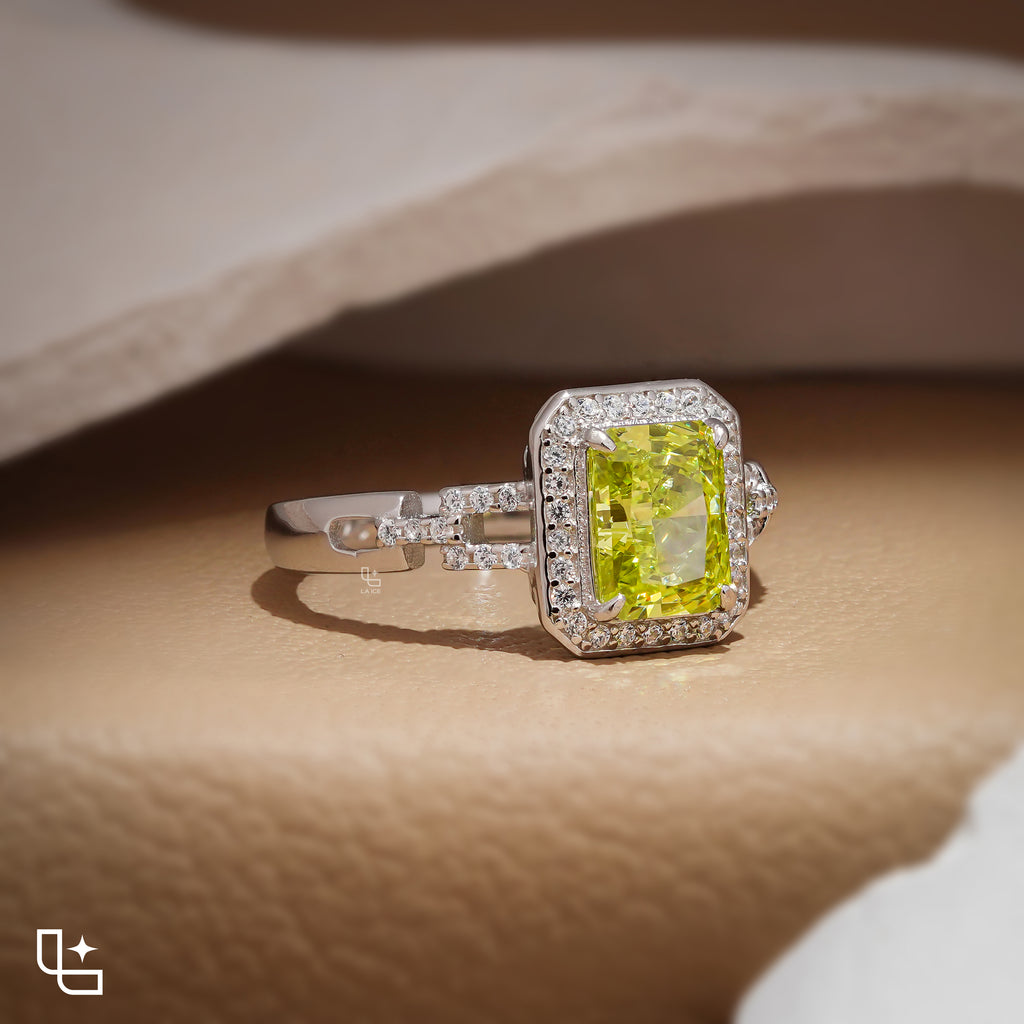 Radiant Cut Yellow Diamond Halo Ring – Fancy Yellow Diamond Engagement Ring in White Gold | Split Shank Statement Ring for Women