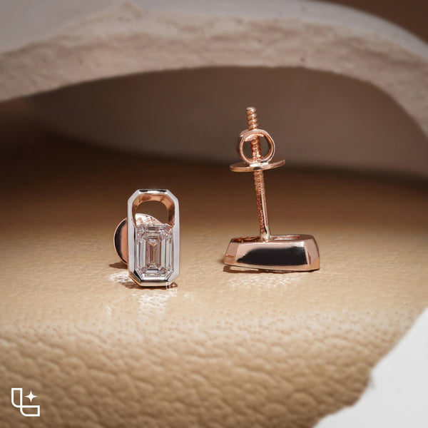 Emerald Cut Stud Earrings with Geometric Octagonal Frames, 1 CT Total Diamond Weight