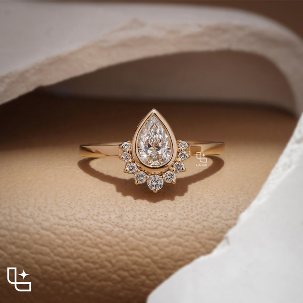 Pear Cut Halo Ring with Round Accent Stones, Elegant Cluster Engagement Ring