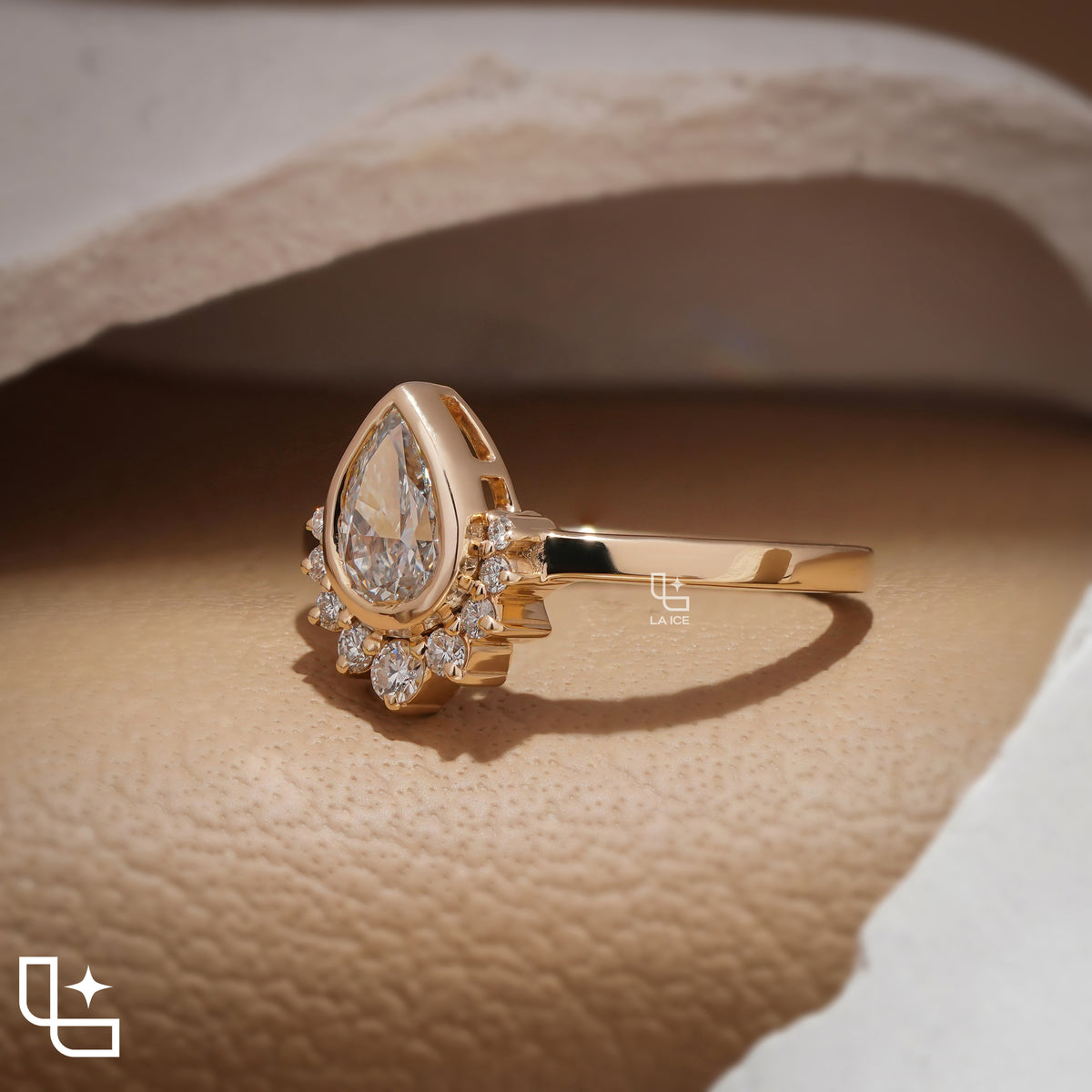 Pear Cut Halo Ring with Round Accent Stones, Elegant Cluster Engagement Ring