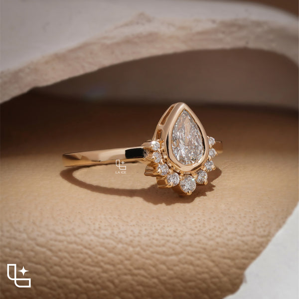Pear Cut Halo Ring with Round Accent Stones, Elegant Cluster Engagement Ring