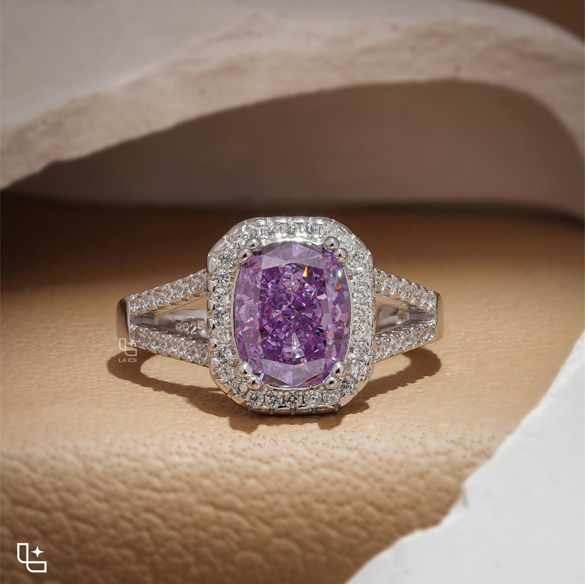 Purple Cushion Cut Halo Engagement Ring with Pavé Split Shank Main image