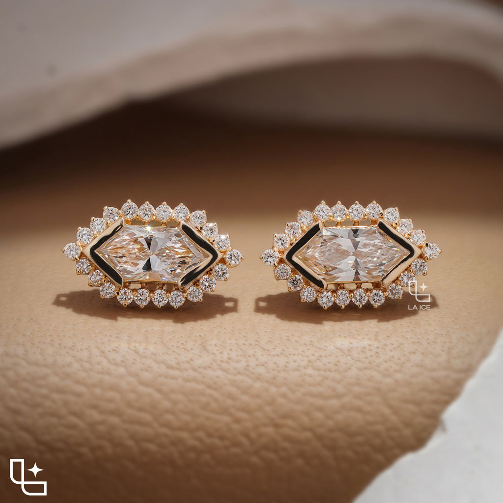 Elongated Hexagon Halo Stud Earrings with Geometric Center Stones and Round Accents, 2.00 CT Total Diamond Weight