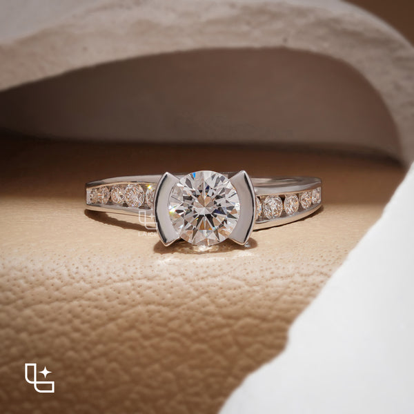 Round Cut Sculptural Solitaire Ring with Pavé Accents, 1.35 CT Total Diamond Weight