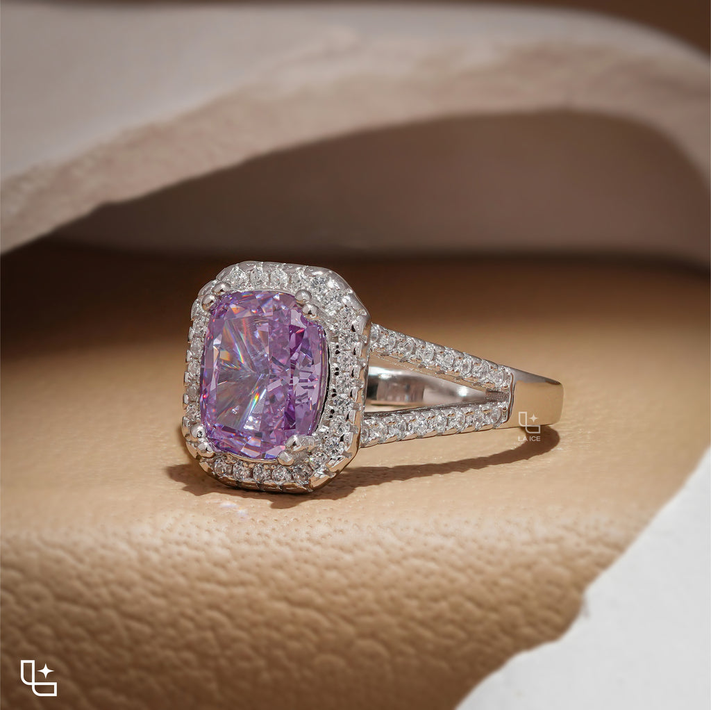 Purple Cushion Cut Halo Engagement Ring with Pavé Split Shank