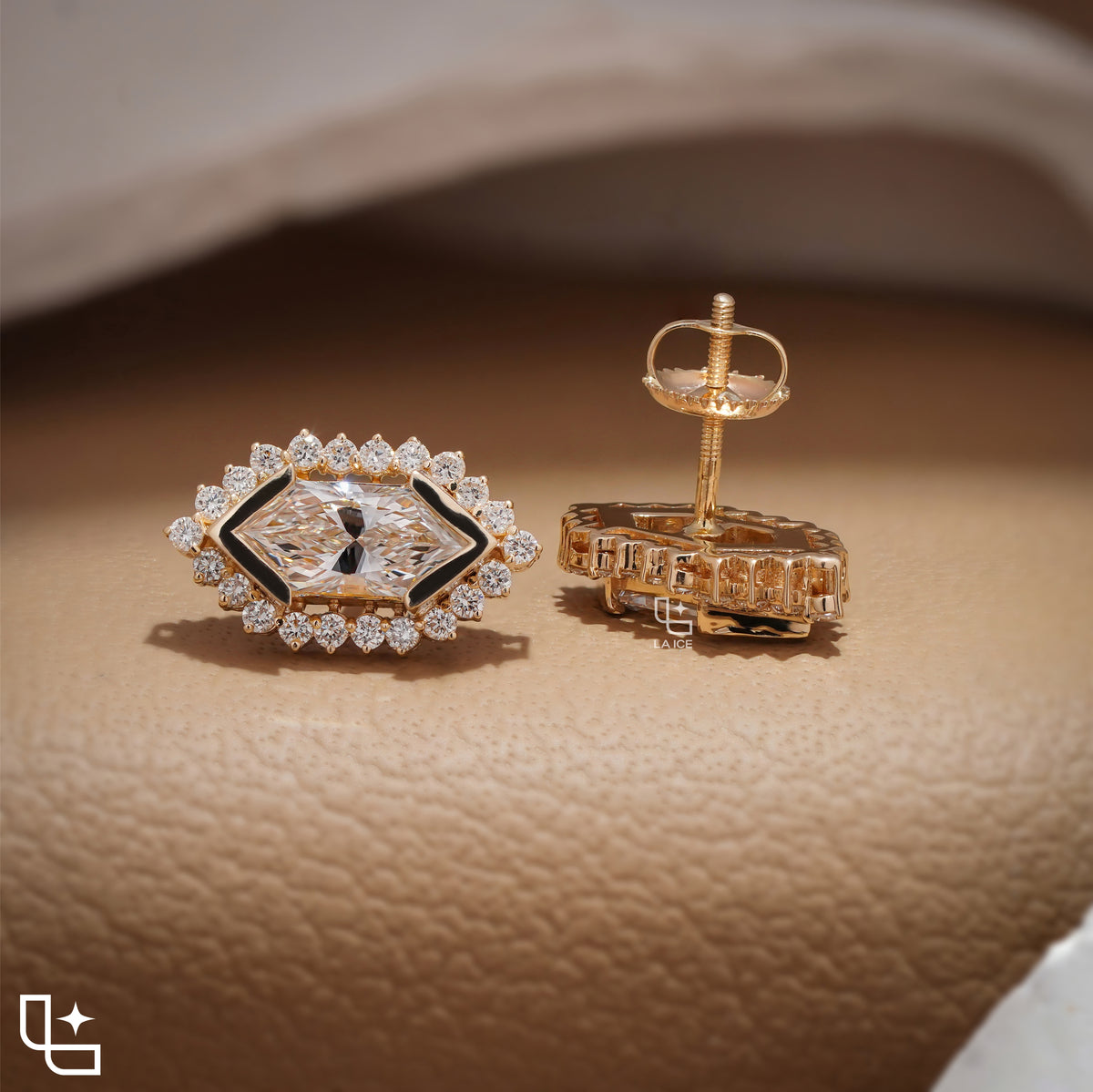 Elongated Hexagon Halo Stud Earrings with Geometric Center Stones and Round Accents, 2.00 CT Total Diamond Weight