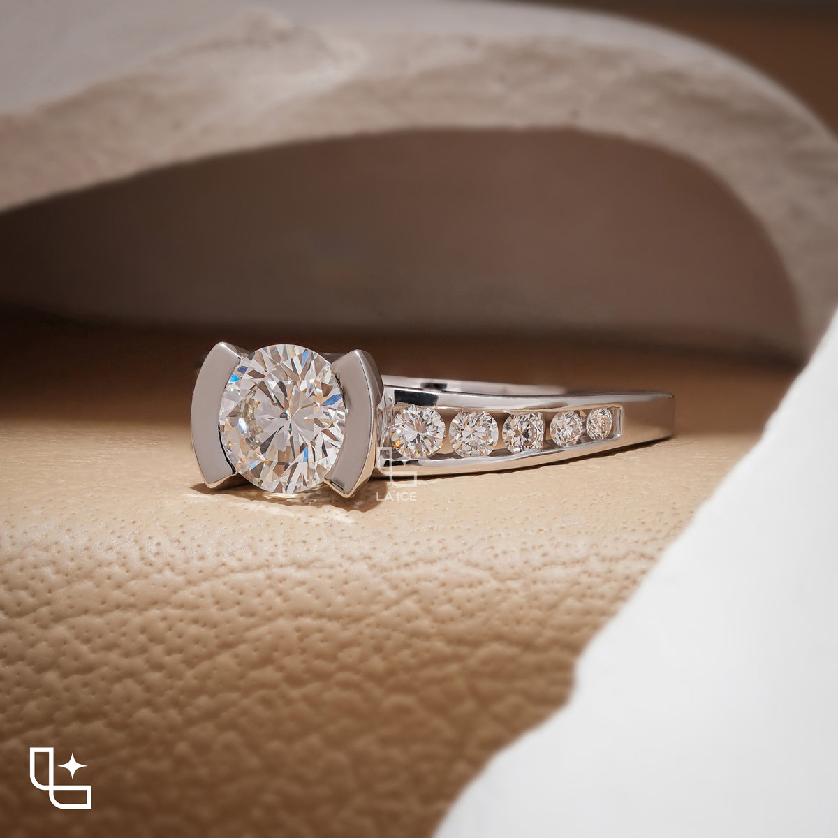 Round Cut Sculptural Solitaire Ring with Pavé Accents, 1.35 CT Total Diamond Weight