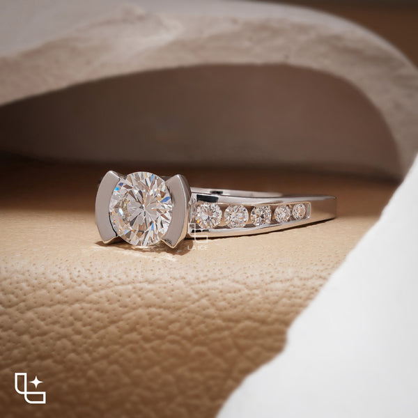 Round Cut Sculptural Solitaire Ring with Pavé Accents, 1.35 CT Total Diamond Weight