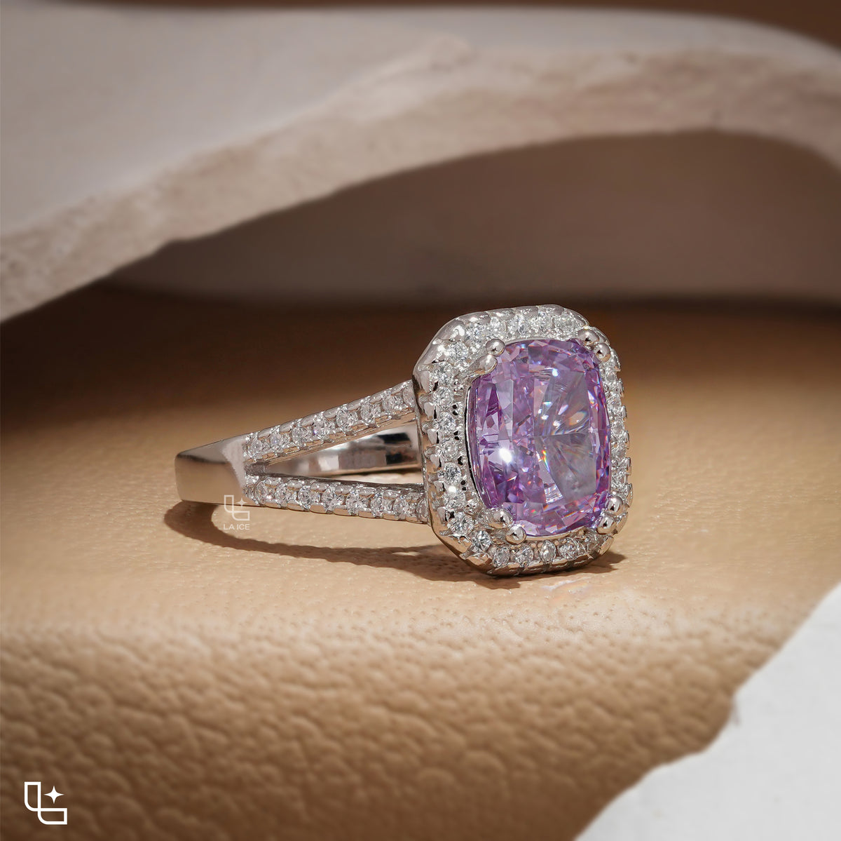 Purple Cushion Cut Halo Engagement Ring with Pavé Split Shank