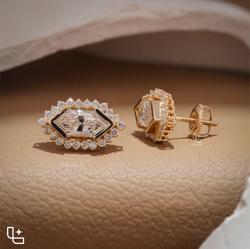 Elongated Hexagon Halo Stud Earrings with Geometric Center Stones and Round Accents, 2.00 CT Total Diamond Weight