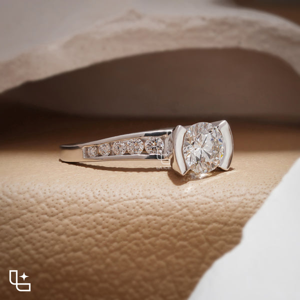 Round Cut Sculptural Solitaire Ring with Pavé Accents, 1.35 CT Total Diamond Weight