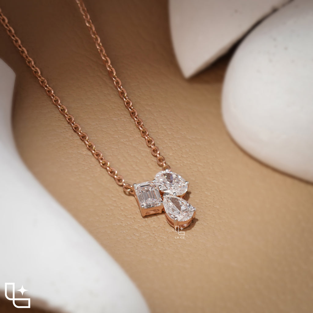 Multi Shape Diamond Cluster Pendant Necklace – Rose Gold Diamond Necklace | Emerald, Oval & Pear Diamond Pendant for Women