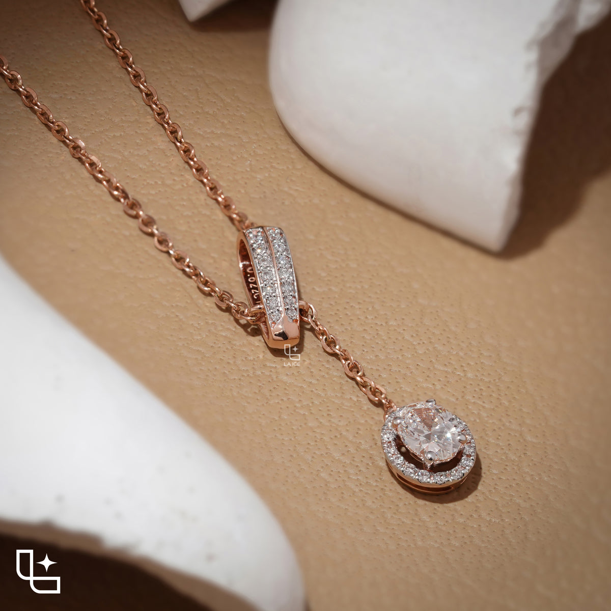 Round Halo Drop Diamond Necklace – Rose Gold Diamond Necklace | Elegant Halo Diamond Pendant for Women