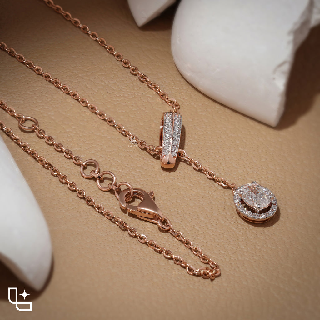 Round Halo Drop Diamond Necklace – Rose Gold Diamond Necklace | Elegant Halo Diamond Pendant for Women