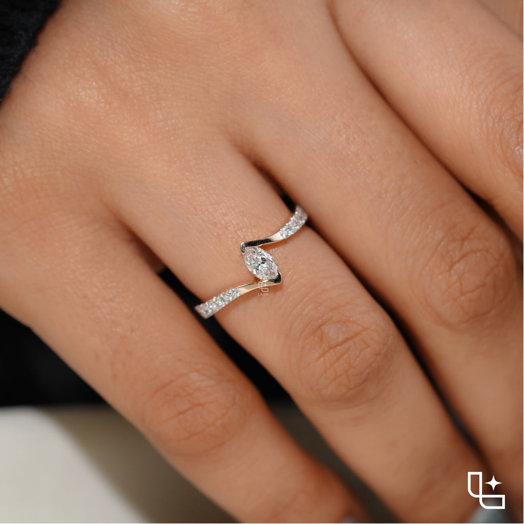 Marquise Diamond Solitaire Ring – Twisted Diamond Engagement Ring in Rose Gold | Modern Bypass Diamond Ring for Women