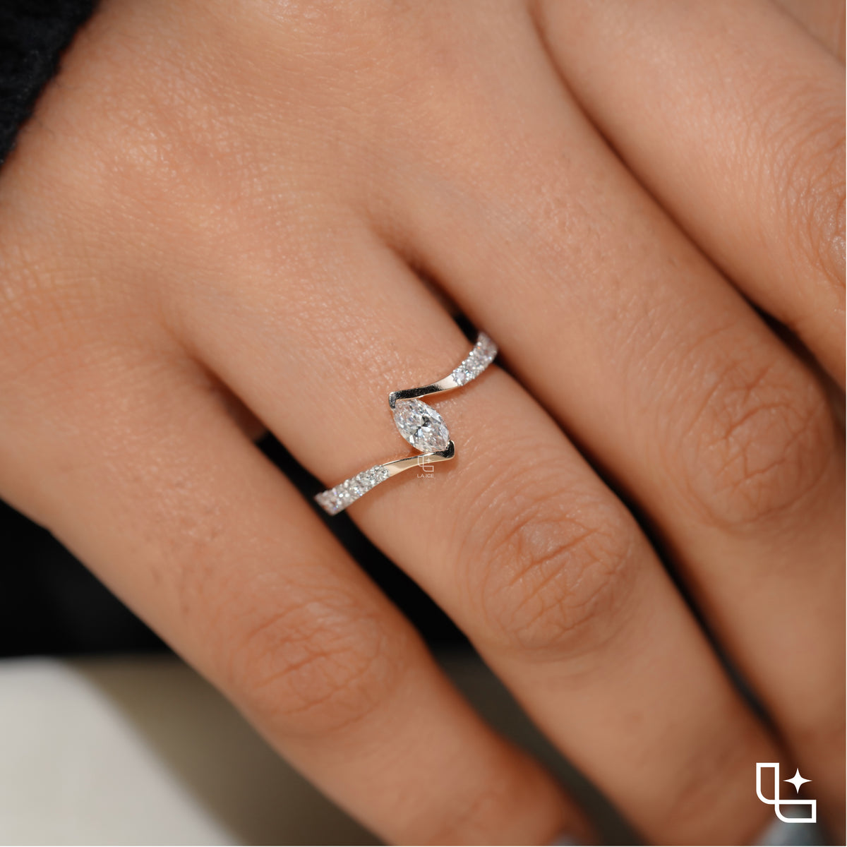 Marquise Diamond Solitaire Ring – Twisted Diamond Engagement Ring in Rose Gold | Modern Bypass Diamond Ring for Women