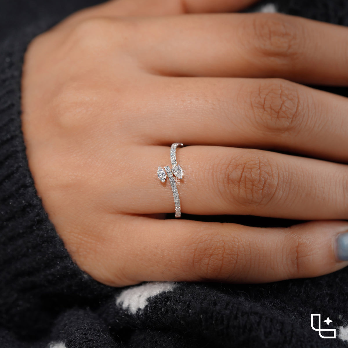 Marquise Cut Bypass Ring with Pavé Band – 1.10 CT Total Diamond Weight