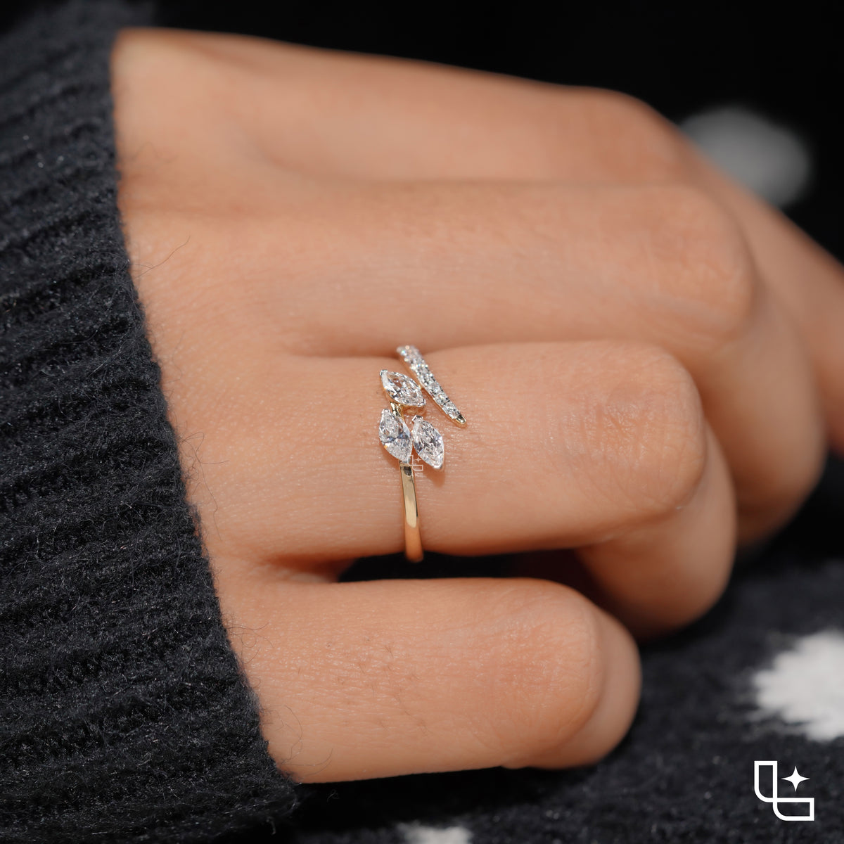 Three Marquise Stone Bypass Ring – 0.60 CT Center, 0.80 CT Side