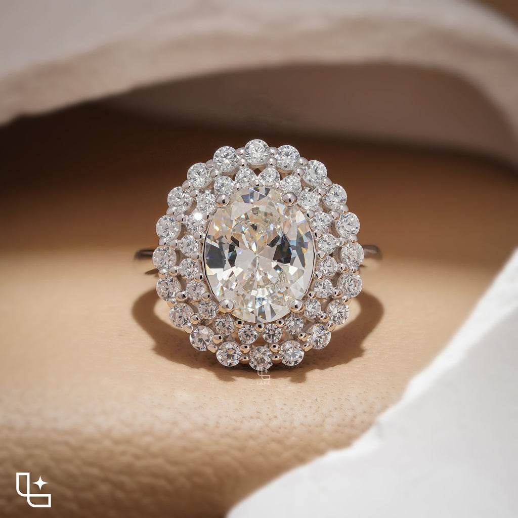 Oval Center Double Halo Cluster Engagement Ring with Multi-Row Diamond Detailing