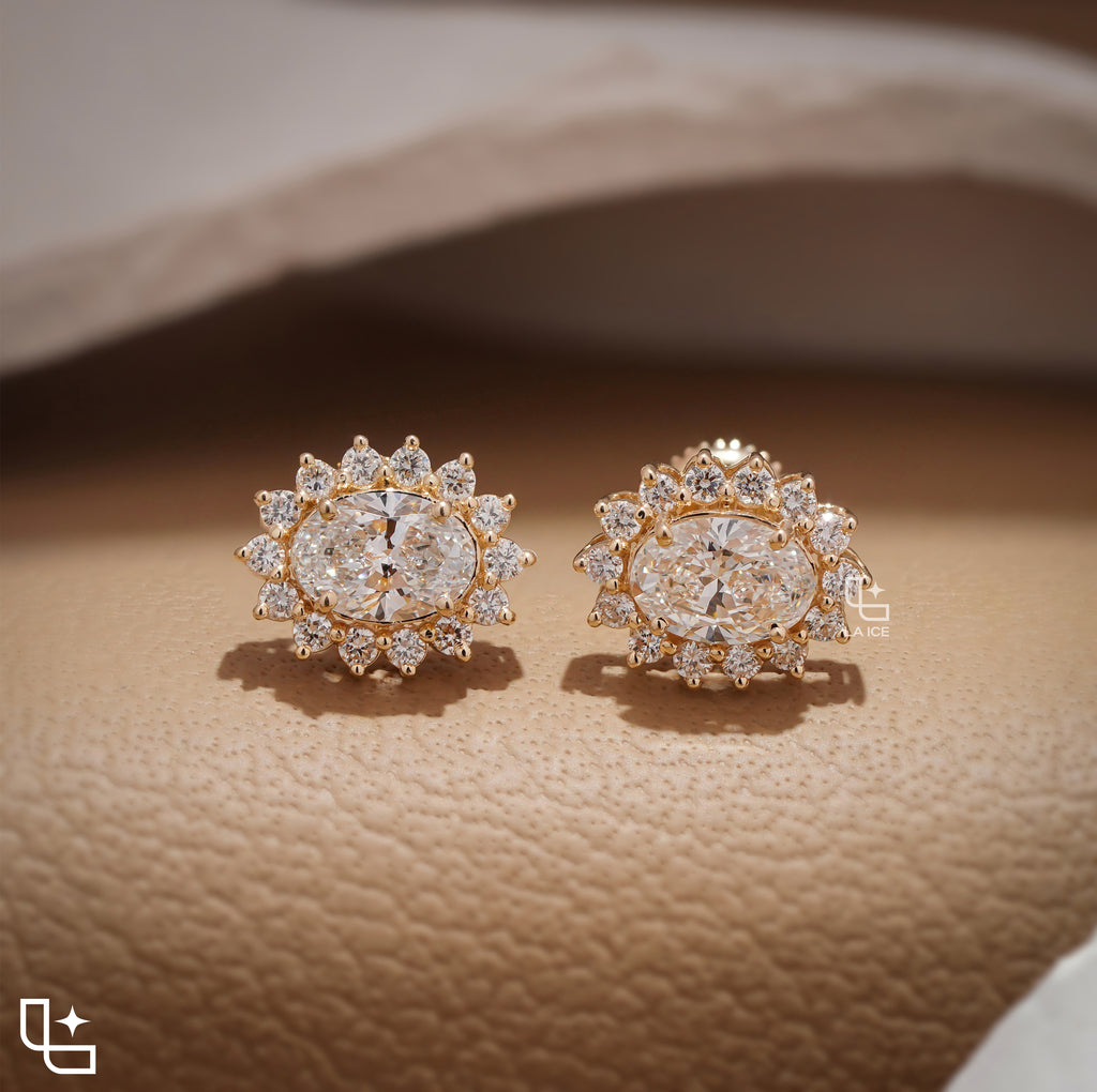 Oval Cut Halo Stud Earrings with Radiant Round Stone Accents, 2.00 CT Total Diamond Weight