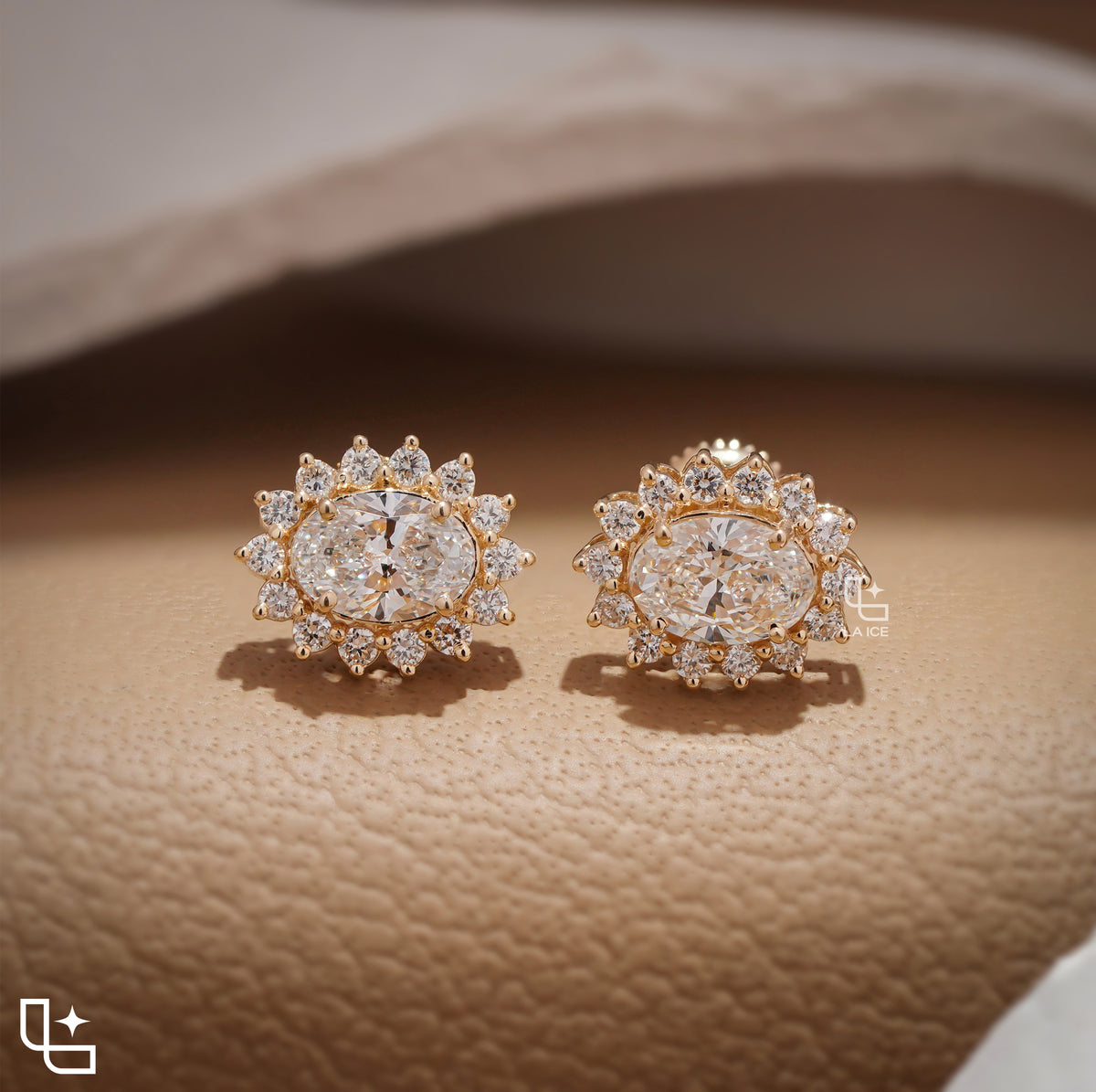 Oval Cut Halo Stud Earrings with Radiant Round Stone Accents, 2.00 CT Total Diamond Weight