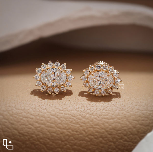 Oval Cut Halo Stud Earrings with Radiant Round Stone Accents, 2.00 CT Total Diamond Weight