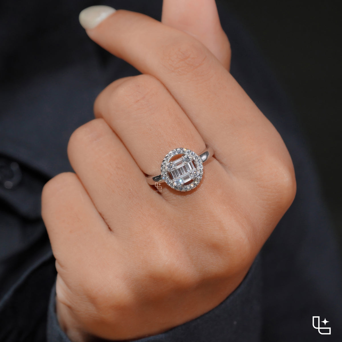 Baguette Cut Cluster Halo Ring with Round Accent Stones