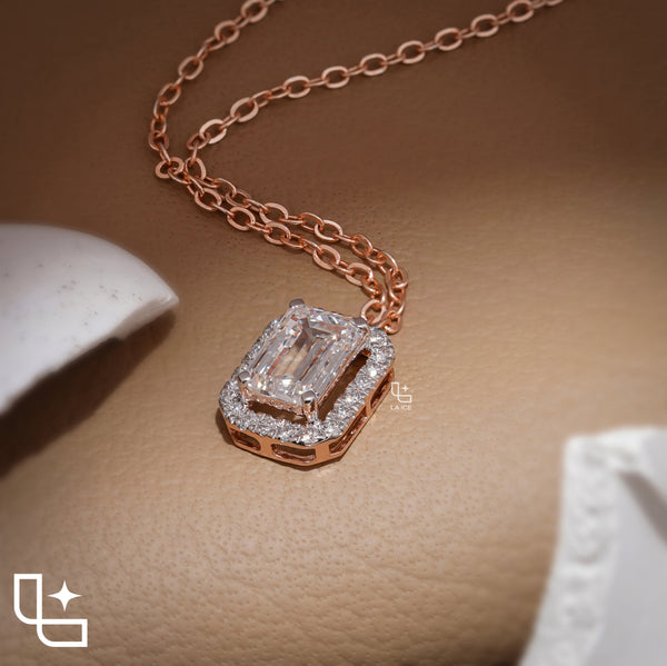 Emerald Cut Halo Pendant Necklace, Rectangular Sparkling Stone Design