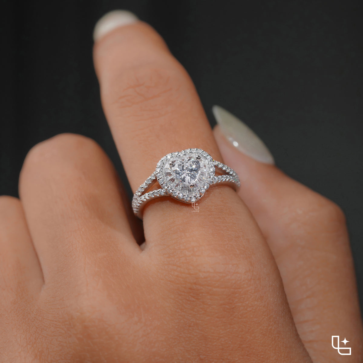 Heart Cut Halo Ring with Double Halo and Split Pavé Band – 2.00 CT Total Diamond Weight