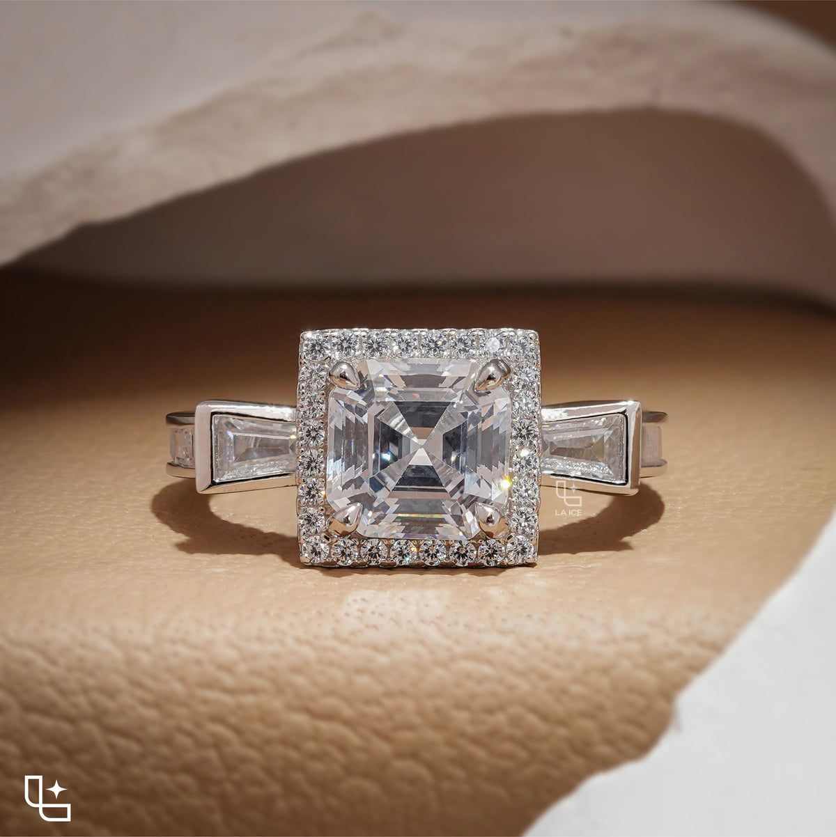 Asscher Cut Halo Engagement Ring with Baguette Side Stones Main image