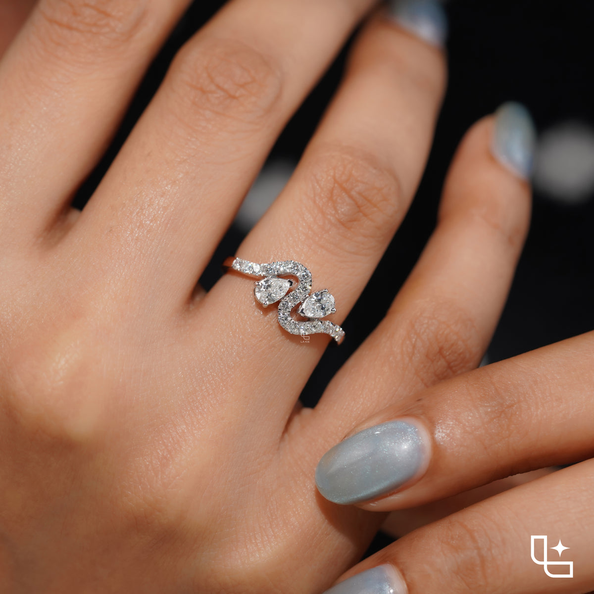 Marquise Cut Bypass Ring with Pavé Accents, 0.40 CT Center and 0.50 CT Side Diamonds