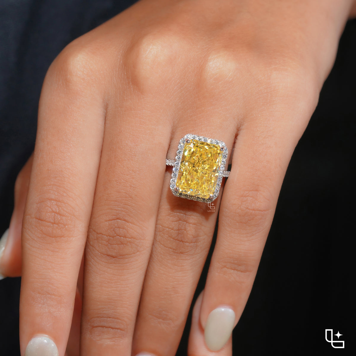 Yellow Radiant Cut Halo Ring with Pavé Band