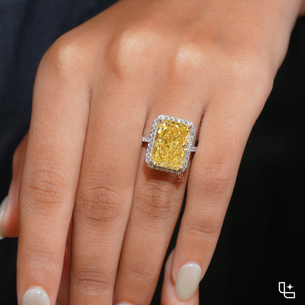 Yellow Radiant Cut Halo Ring with Pavé Band