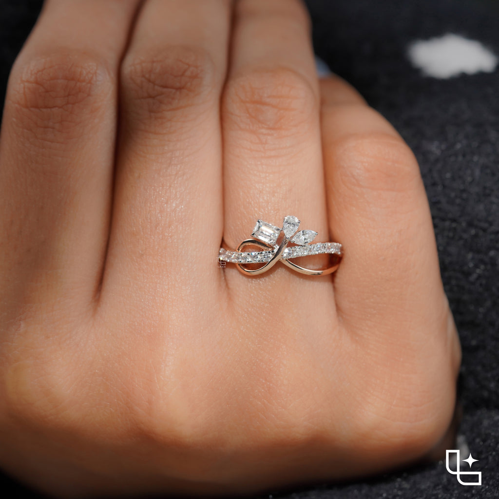 Three Stone Bypass Ring with Emerald Cut Center, Marquise and Pear-Shaped Accents, Pavé Crossover Band, 0.50 CT Center and 0.80 CT Side Diamonds
