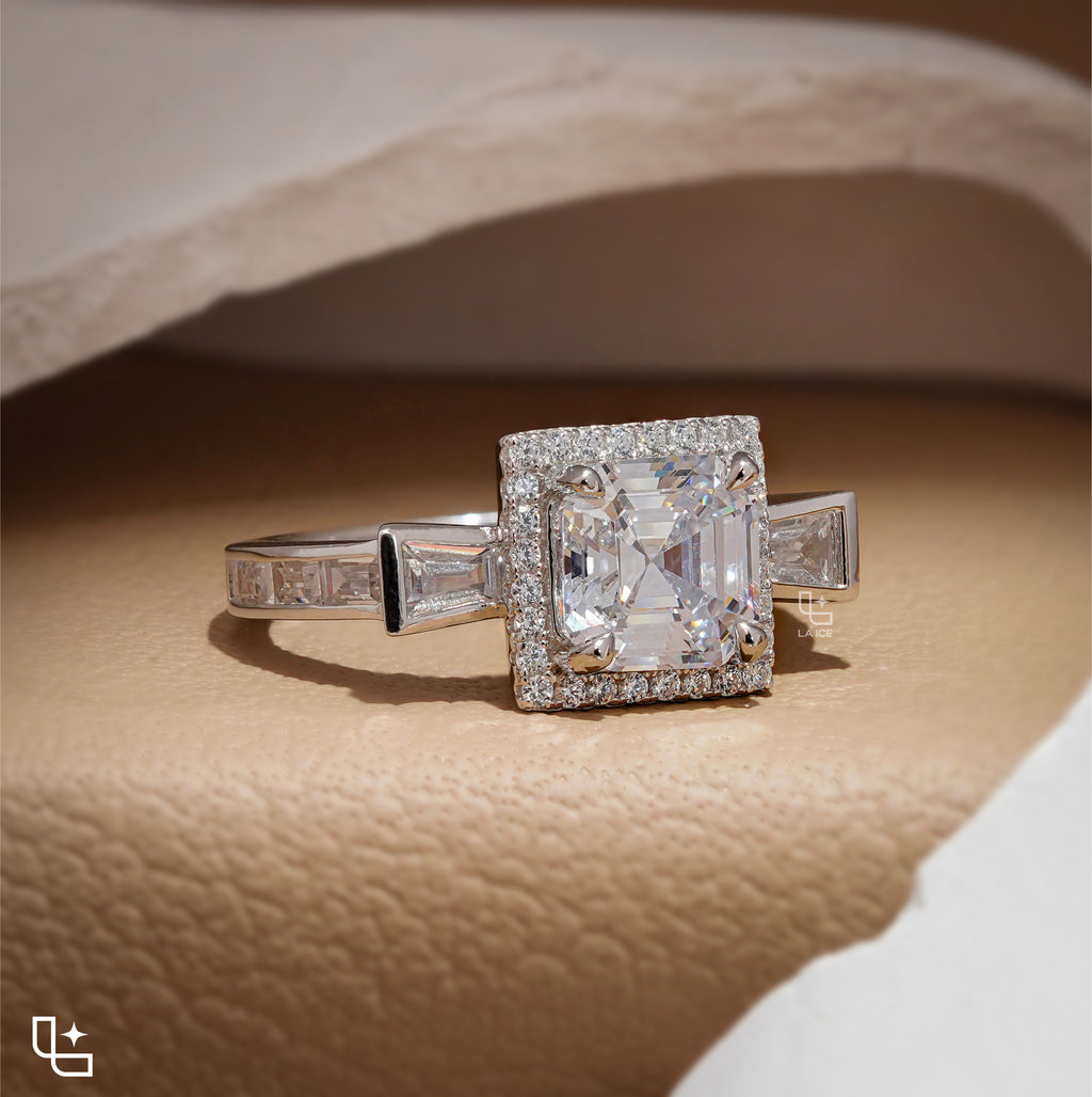 Asscher Cut Halo Engagement Ring with Baguette Side Stones