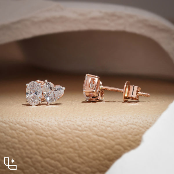 Oval and Heart Shaped Two Stone Stud Earrings with a Romantic Mixed Shape Design, 1.50 CT Total Diamond Weight