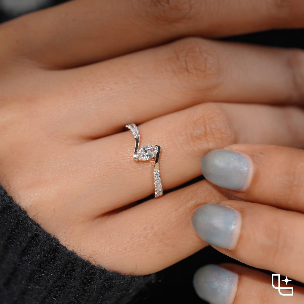Marquise Diamond Solitaire Ring – Twisted Diamond Engagement Ring in Rose Gold | Modern Bypass Diamond Ring for Women