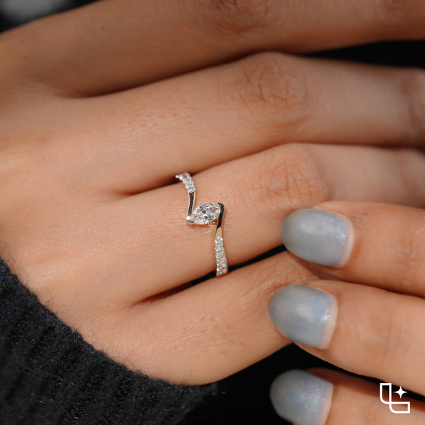 Marquise Diamond Solitaire Ring – Twisted Diamond Engagement Ring in Rose Gold | Modern Bypass Diamond Ring for Women