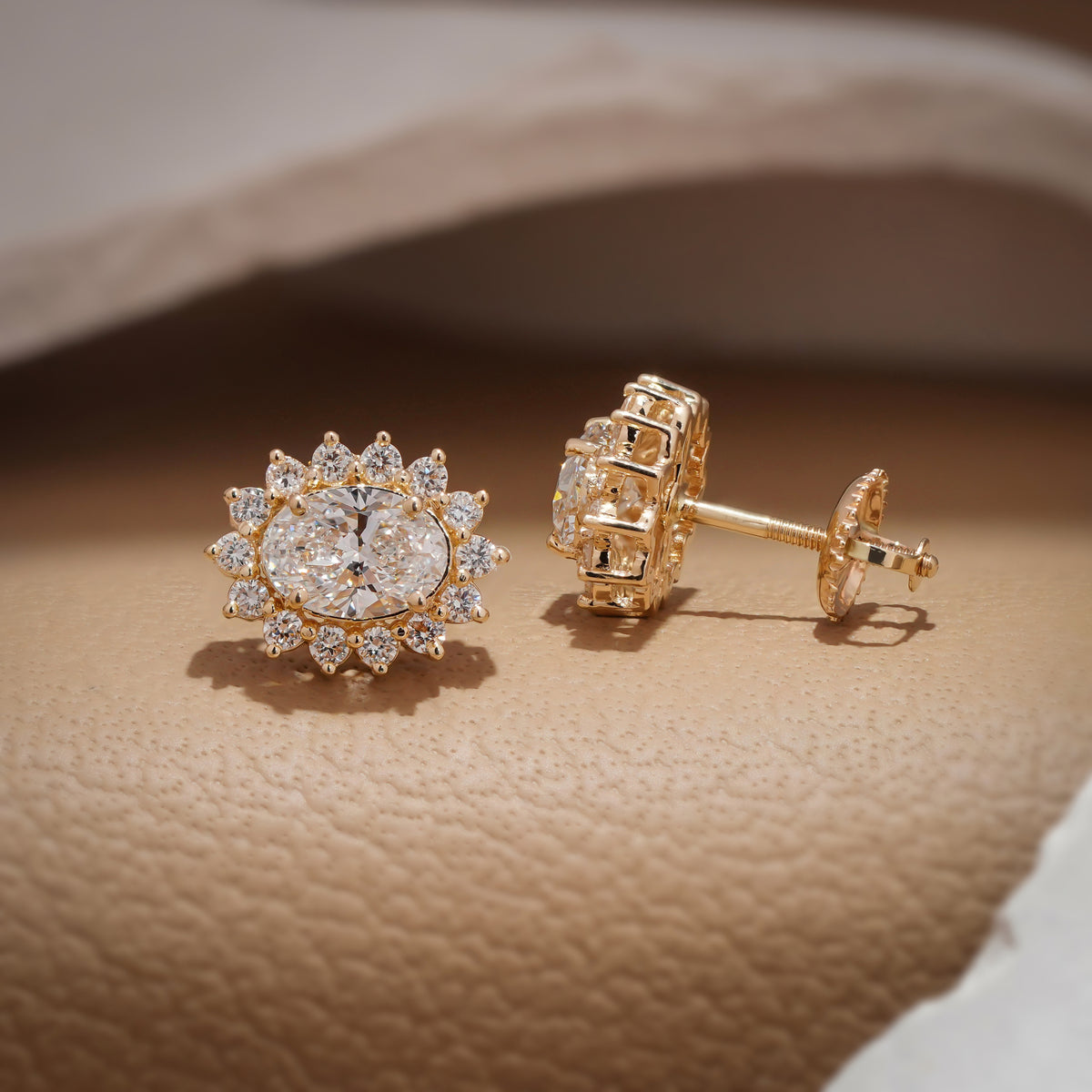 Oval Cut Halo Stud Earrings with Radiant Round Stone Accents, 2.00 CT Total Diamond Weight