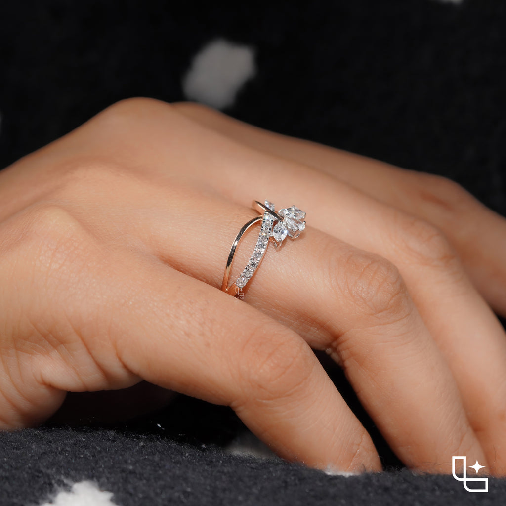 Three Stone Bypass Ring with Emerald Cut Center, Marquise and Pear-Shaped Accents, Pavé Crossover Band, 0.50 CT Center and 0.80 CT Side Diamonds