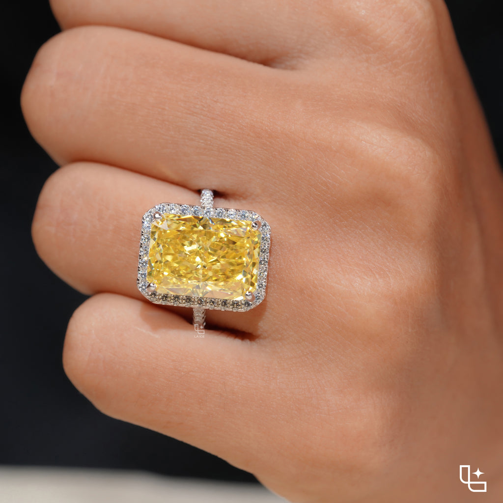 Yellow Radiant Cut Halo Ring with Pavé Band