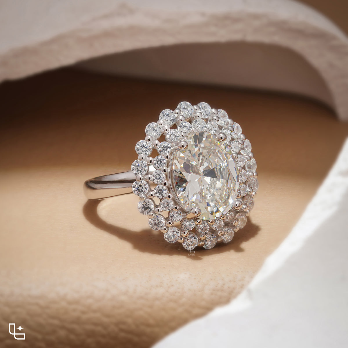 Oval Center Double Halo Cluster Engagement Ring with Multi-Row Diamond Detailing