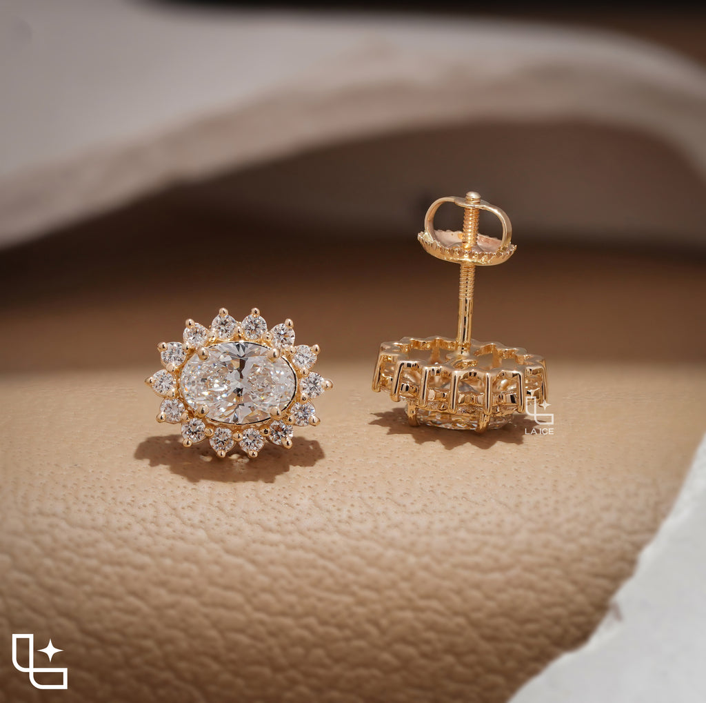 Oval Cut Halo Stud Earrings with Radiant Round Stone Accents, 2.00 CT Total Diamond Weight