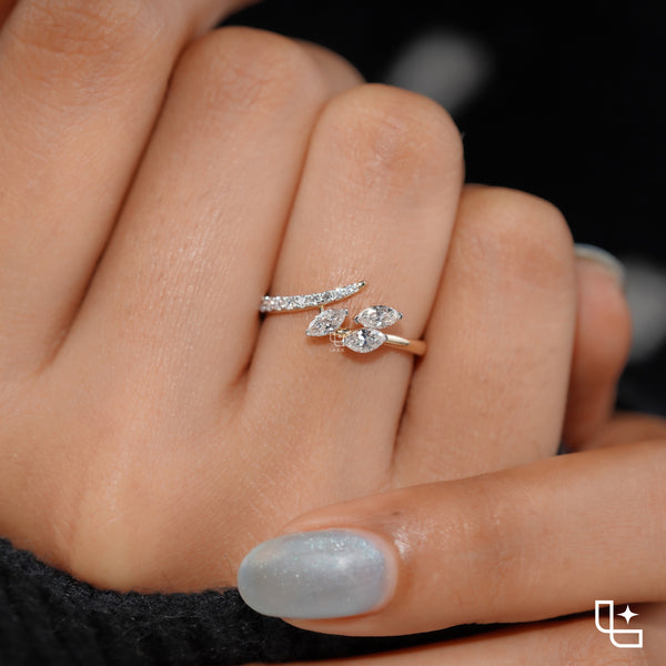 Three Marquise Stone Bypass Ring – 0.60 CT Center, 0.80 CT Side